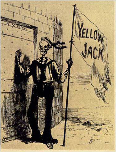 skeleton wearing clothes holds a flag with the words Yellow Jack- Newspaper cartoon from late 1870s shows the fear of the disease, nicknamed 'yellow jack' still focused on people, not mosquitoes