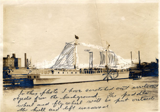 Photograph of the Clermont replica used in designing the Hudson-Fulton stamp shows the replica at Staten Island, after launch but before completion