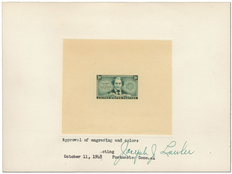 Approval of engraving and color: Acting Postmaster General, October 11, 1948- 3c Juliette Gordon Low approved die proof