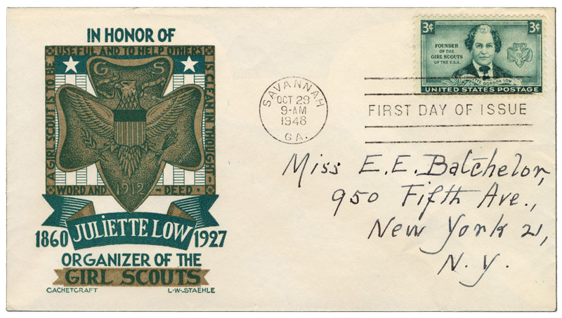 In Honor of Juliette Low, Organizer of the Girl Scouts with crest- First day cover of the Juliette Gordon Low stamp addressed to noted philatelist Emma Batchelor