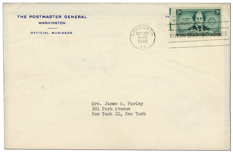 First day cover of the Juliette Gordon Low stamp addressed to Bess Farley, wife of former Postmaster General James A. Farley