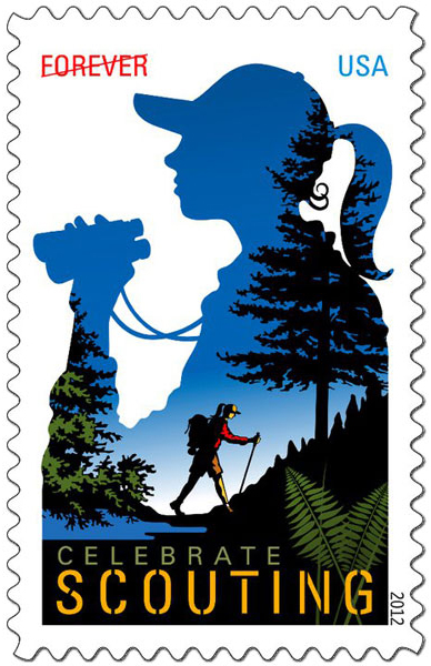 Celebrate Scouting forever stamp with a girl hiking through the forest and the silhouette of a girl with binoculars