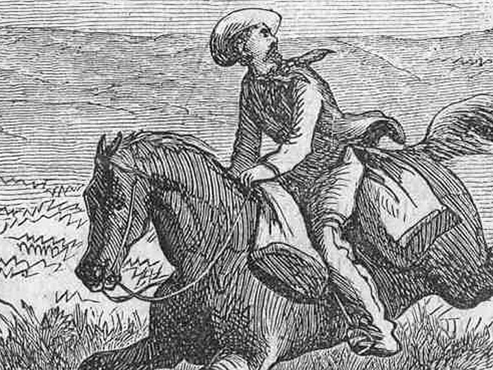 mid 19th century illustration, with a rider depicted as carrying bags of mail seemingly tied to the saddle horn and cantle