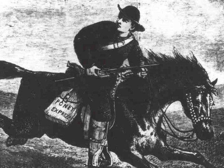 late 19th century illustration depicting a rider with a mail satchel marked 'Poney Exprezz'