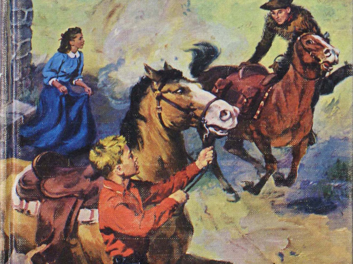 illustration of a rider speeding into the station with a mochila on his saddle while a young boy and woman watch