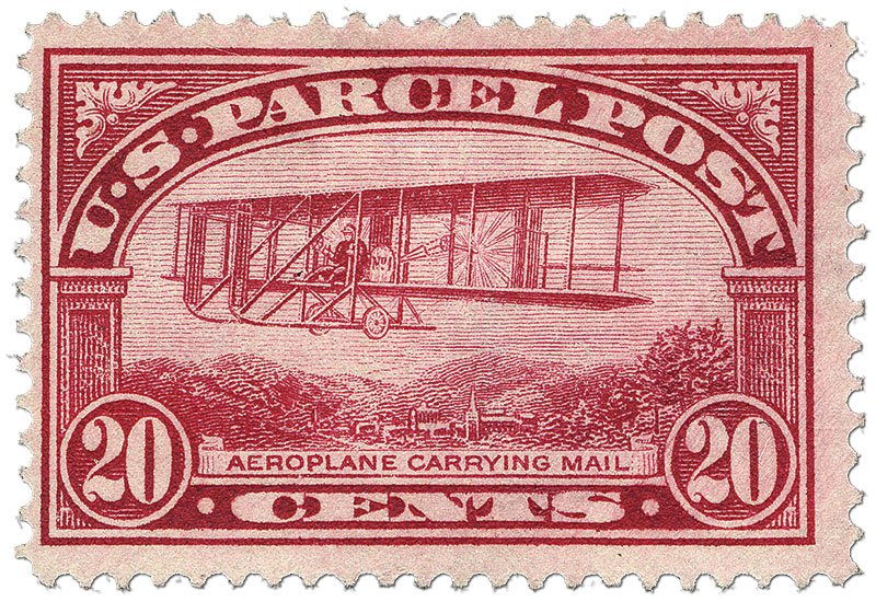red 20-cent U.S. Parcel Post stamp, 1913, with an aeroplane carrying mail