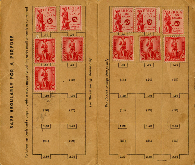 Save Regularly for a Purpose. Postal-savings cards and stamps provide a ready means for putting aside small amounts as convenient- Postal Savings Card, 1941, interior, with 25 spots for 10c stamps