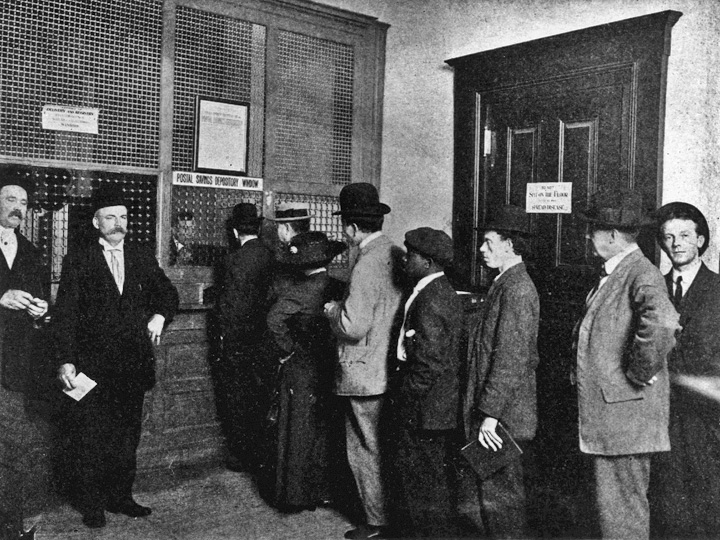 photo of people lined up at a Postal Savings Depository Window