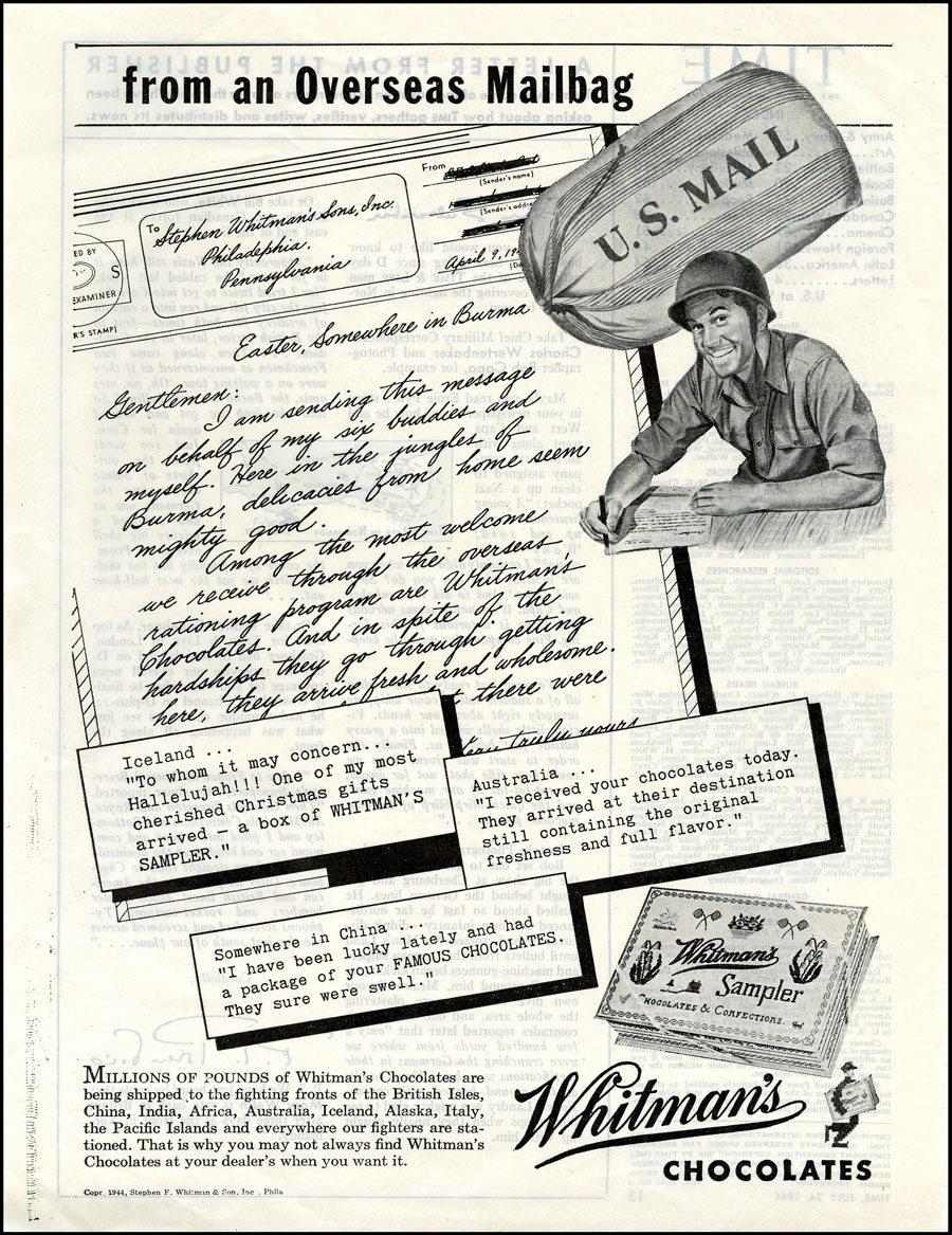 From an Overseas Mailbag- Advertisement for Whitman's chocolates with a soldier writing a letter and a U.S. mailbag