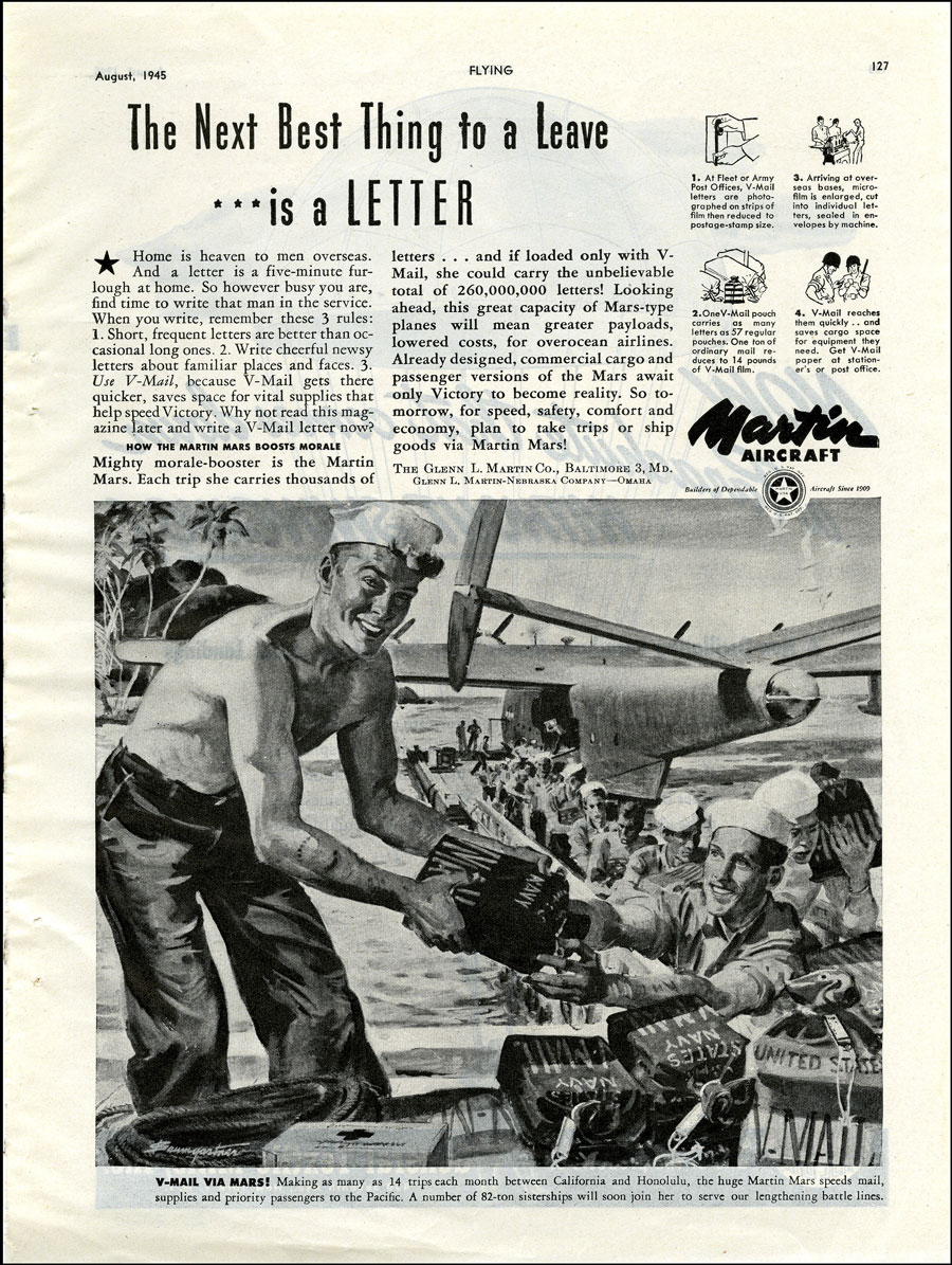 The Next Best Thing to a Leave is a Letter- Advertisement for Martin Aircraft with soldiers receiving V-Mail in a tropical location