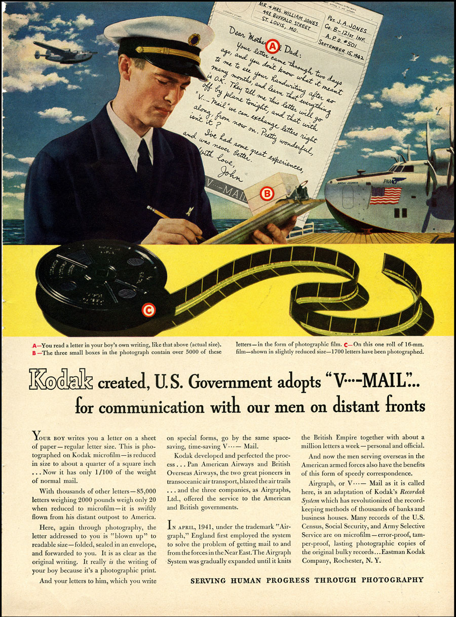 Kodak created, U.S. Government adopts V-Mail for communication with our men on distant fronts- Advertisement for Kodak with a color image of a pilot writing a letter to his parents