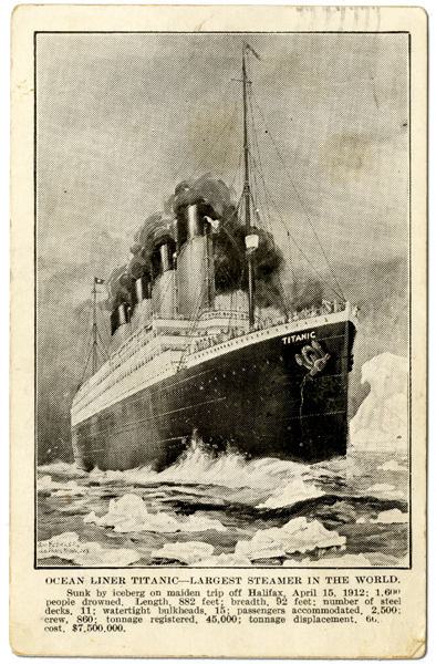 Ocean Liner Titanic- Largest Steamer in the World- Post-disaster postcard with black and white illustration of the Titanic