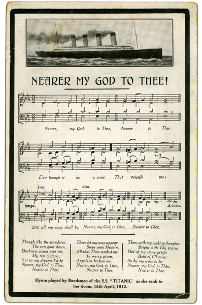 Post-disaster postcard with sheet music to Nearer my God to Thee