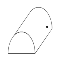 A black and white figure of a piece of paper folded over so the edges touch the ground, but the middle is up in the air, and there is a dot in the upper righthand corner; the shape is similar to a rainbow.