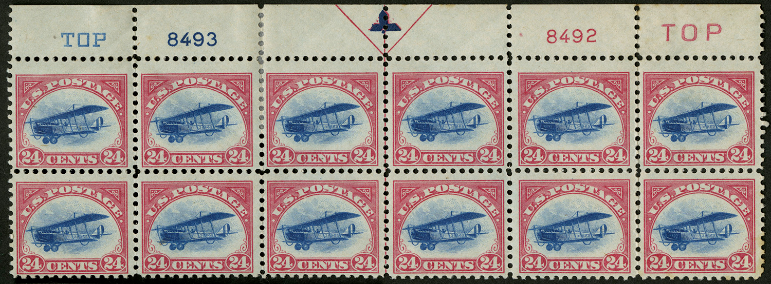 Block of twelve of the original 1918 US airmail stamps