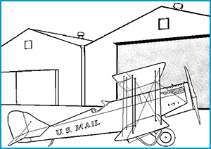 Drawing of an airplane in front of two plane hangers