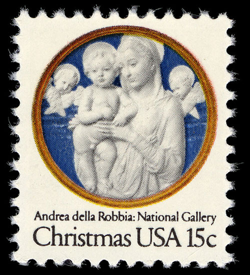 Postage stamp featuring a glazed terracotta sculpture of Madonna and Child with cherubim