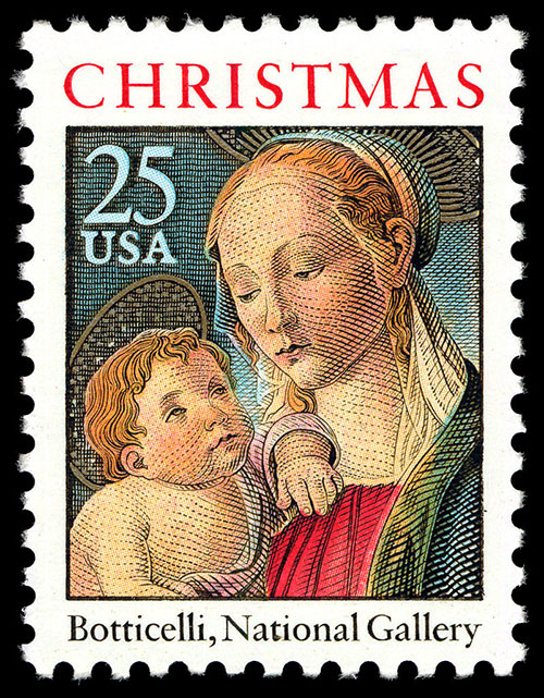 Selo postal retratando uma jovem de pele clara e cabelos ruivos sentada com um menino rechonchudo e quase nu em seu colo.