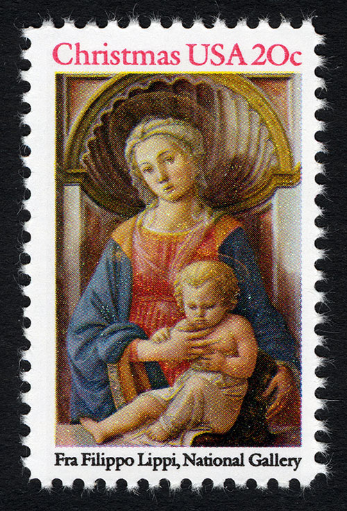 Selo postal com pintura temporária da Virgem com o Menino