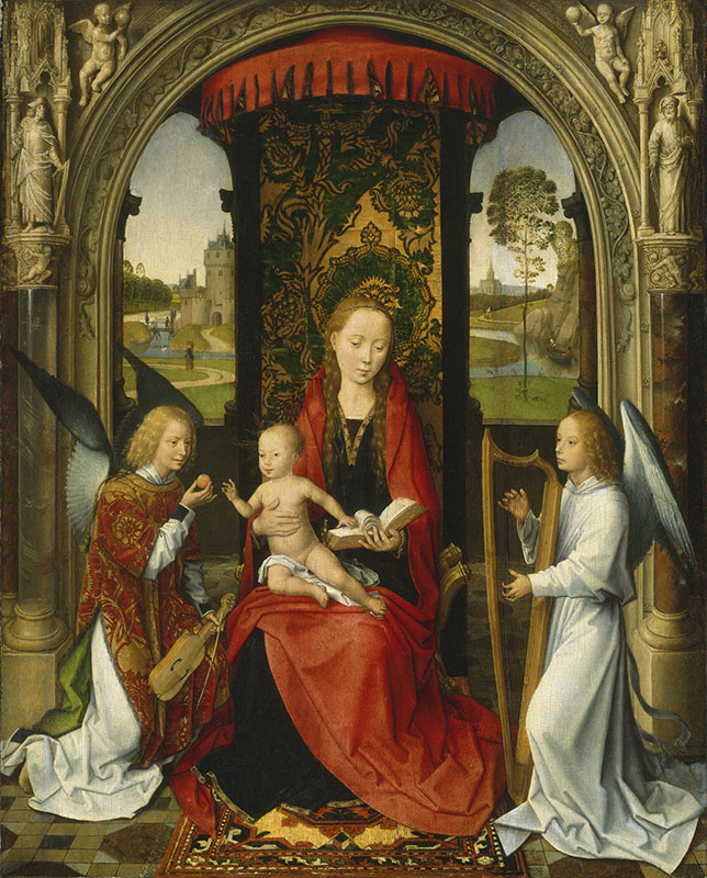 Shown under an ornately carved stone arch, a young woman holds a baby on her lap as she sits on a curving gold chair flanked by two kneeling angels in this vertical painting.