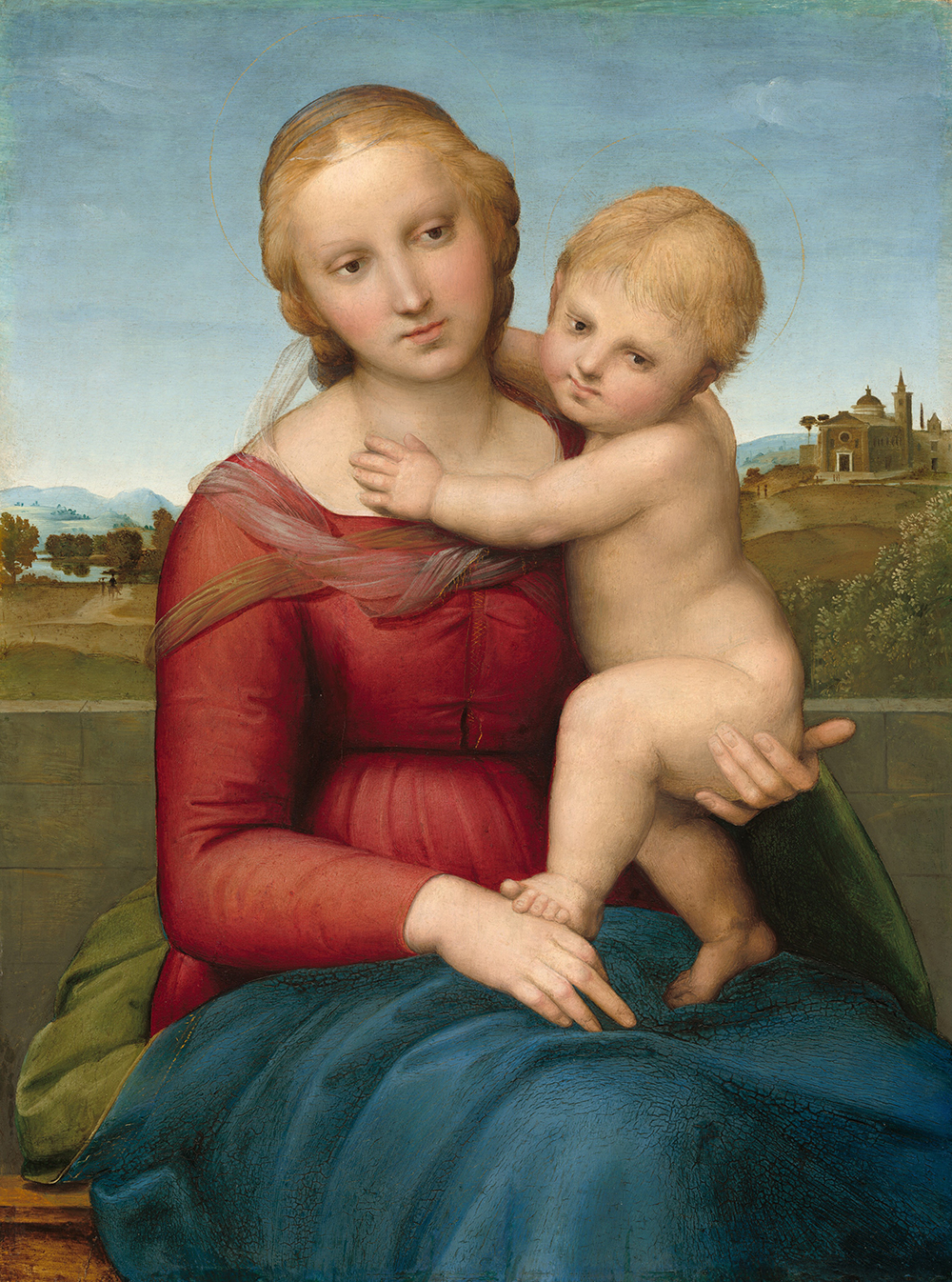 A woman and nude child, both with pale skin, sit in front of a deep landscape in this vertical painting. Seen from about the knees up, the woman’s body is angled slightly to our and she supports the baby under his bottom with her left hand, on our right. She wears a long-sleeved crimson dress with a sheer, nearly translucent fabric around her shoulders.
