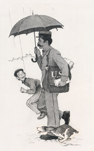 drawing of a mail carrier holding an umbrella and a child and a dog alongside the carrier