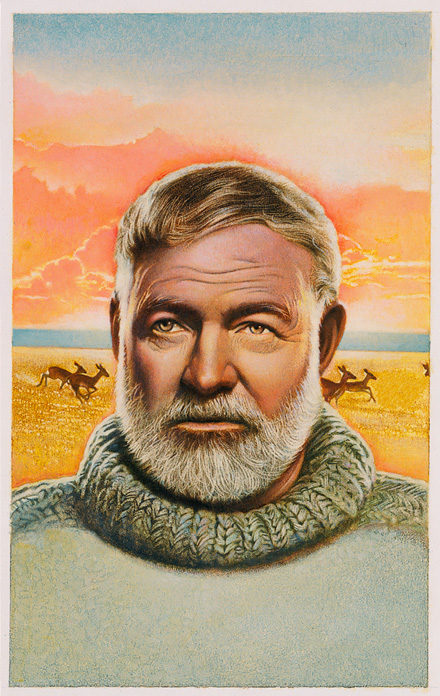 painting of Ernest Hemingway with antelope in the background