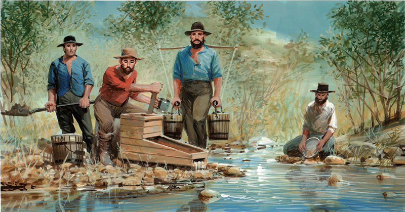 painting of four men sifting for gold in a river