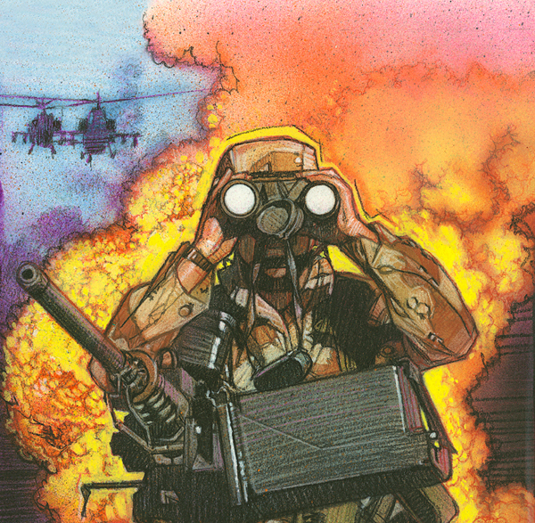 Illustration of a soldier looking through binoculars and two helicopters in the sky