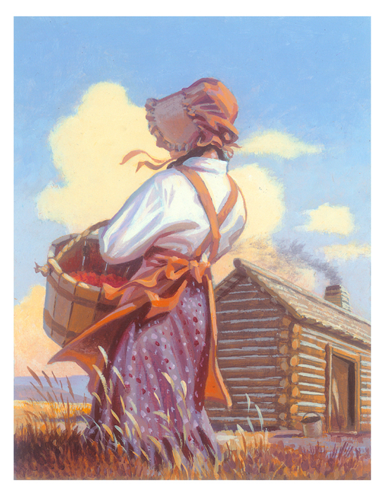 painting of a young woman wearing a sunbonnet walking close to a log home