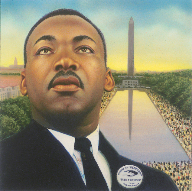 portrait of Martin Luther King in front of the Reflecting Pool and the Washington Monument