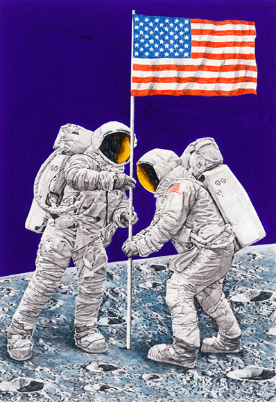 two astronauts planting a US flag on the Moon
