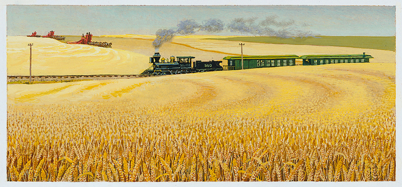 Illustration of a train on tracks in the middle of a wheat field and three combines harvesting wheat in the background
