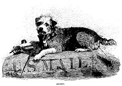 A drawing of Owney the dog sitting on a mailbag