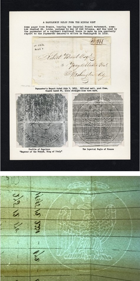 (Top): Photograph of page of collector’s album page with typed text, cover with cursive writing, and images of Napoleonic crests: a side profile portrait and an eagle; (Bottom): Enlarged image of eagle; paper appears to be green due to the close up scanned image