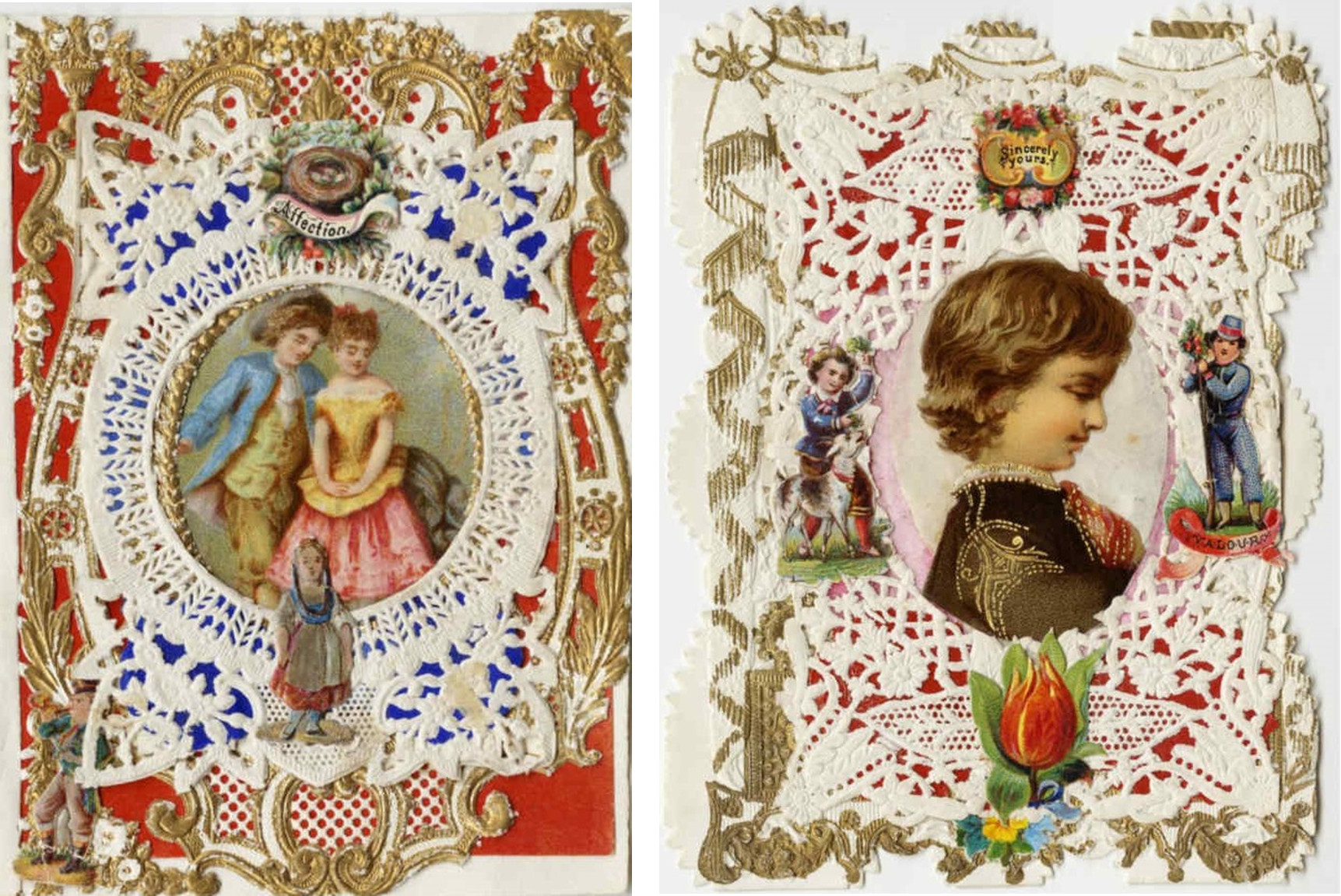 Left: Image of 19th century valentine card. The red paper is embellished with gold embossing and white lace styling. In the center, an illustration of young man and young woman who lean closely together. Printed across the top, the word “Affection.”  Right: Image of 19th century valentine card. The red paper is embellished with gold embossing and white lace styling. In the center, an illustration of the profile of a boy who is flanked by smaller illustrations of a boy feeding a goat (left) and a young soldier (right). Printed across the top, the words “Sincerely Yours.”