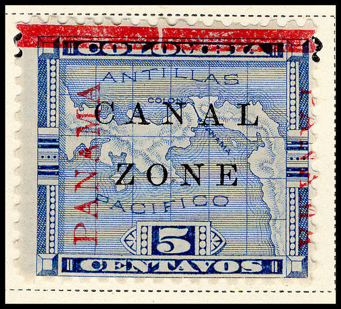 This blue Panama Canal Zone 5 cent stamp depicts a map of the country of Panama, surrounded to the top and bottom by water with the words “CANAL ZONE” overwritten on the stamp.
