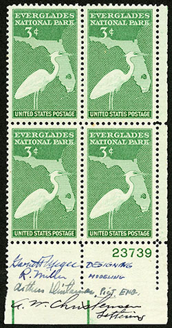 3¢ Everglades National Park Issue plate block of four