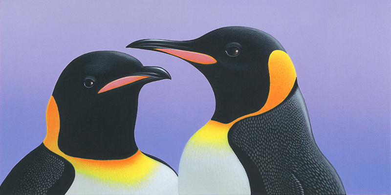 painting of the heads of two King Penguins