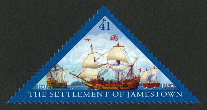 39 cent 2007 Jamestown triangular stamp with three boats