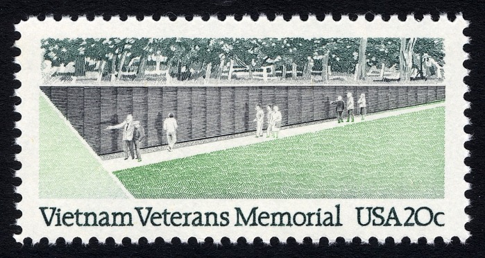 20 cent Vietnam Veterans Memorial stamp featuring an illustration of the memorial