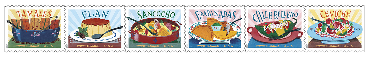 six postage stamps each showing a different Latino food