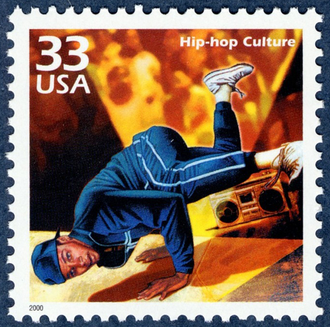 Stamp featuring a break dancer and a boom box