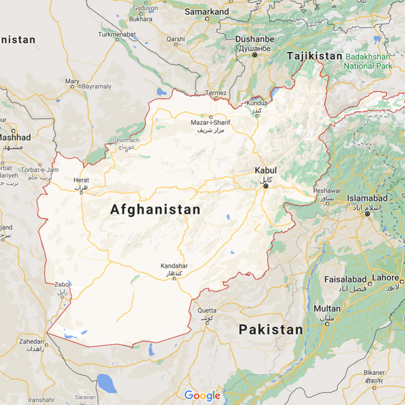 Map of Afghanistan showing major cities as well as parts of surrounding countries.