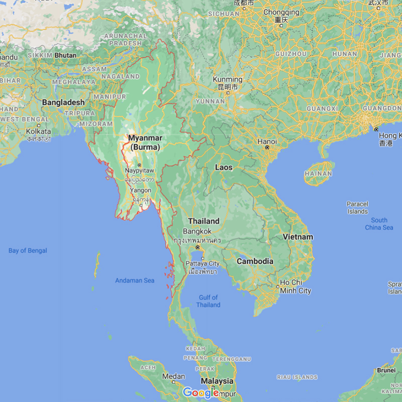 Map of Myanmar showing major cities as well as parts of surrounding countries.