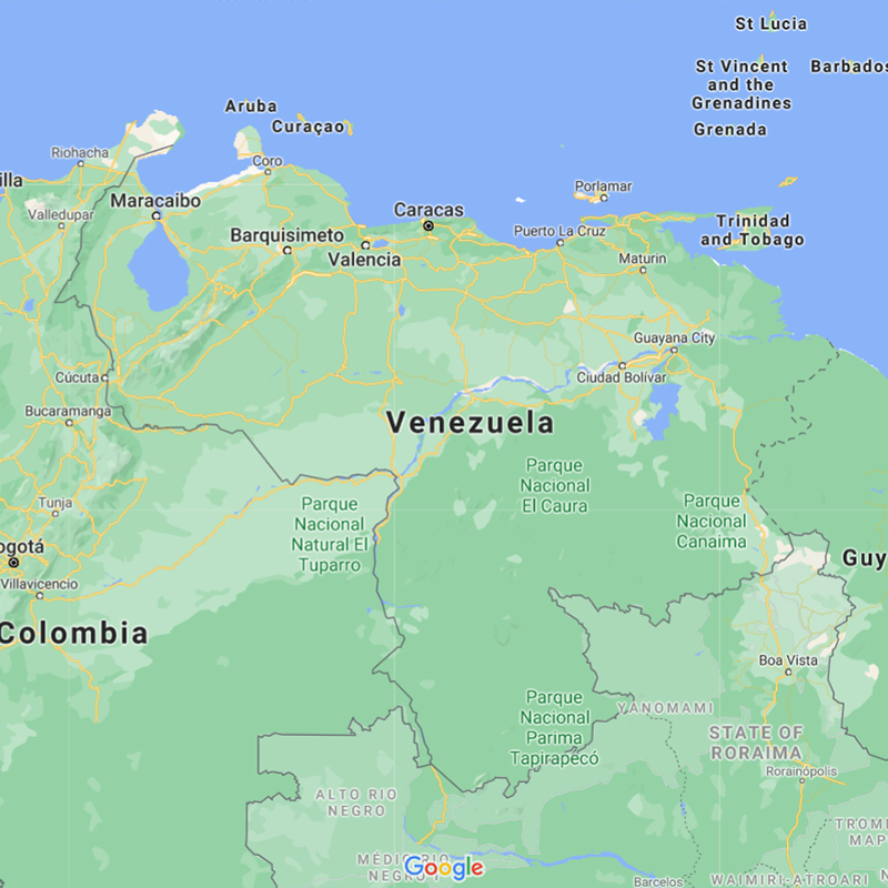 Map of Venezuela showing major cities as well as parts of surrounding countries.