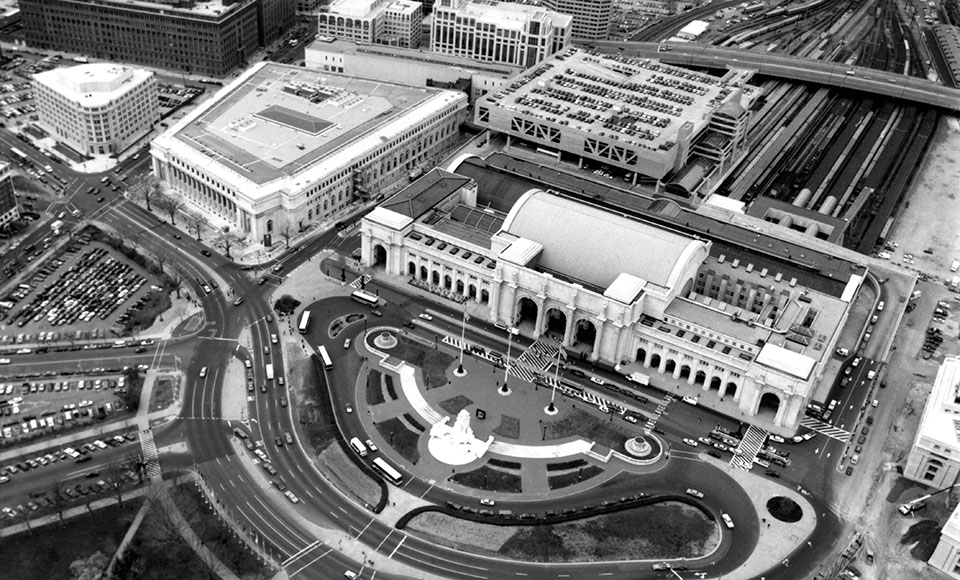 View of the post office building and Union Station from above