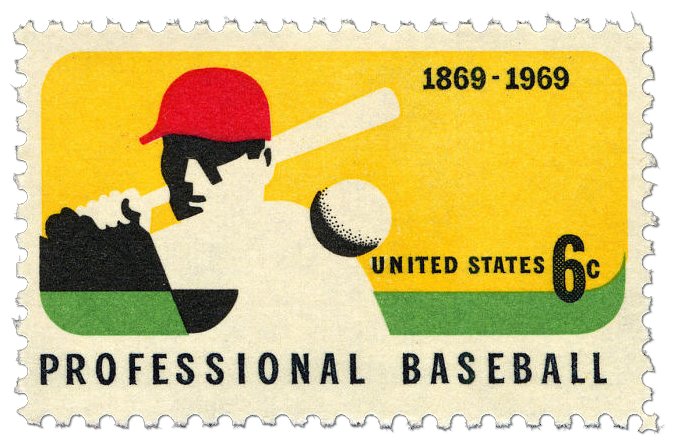Sello del centenario del béisbol profesional de 6 centavos con una ilustración de un jugador a punto de batear