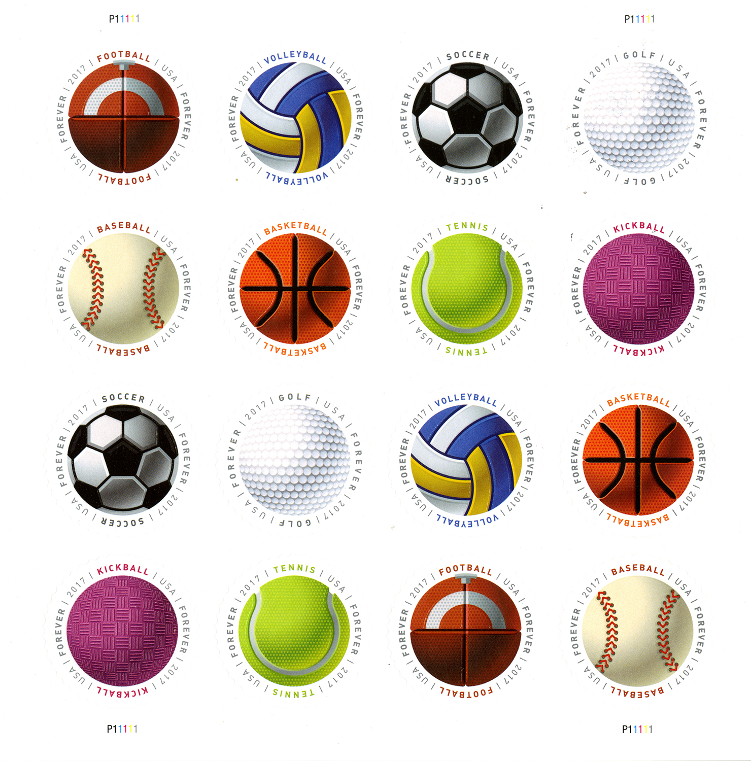 Sheet of 16 round stamps, featuring different types of ball that are used for ballgames.