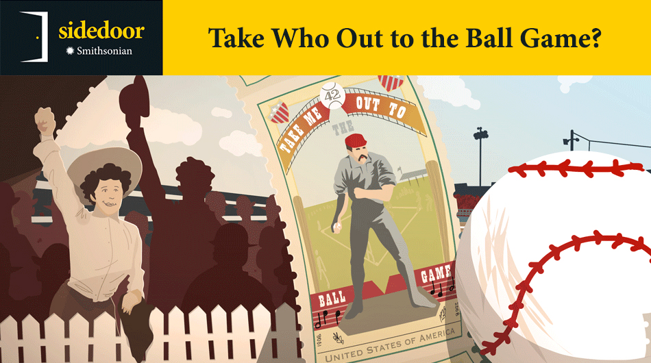 Sidedoor ¿Llevar a Quién al Juego de Pelota? con ilustración del personaje ficticio Katie Casey animando en las gradas de un estadio de béisbol